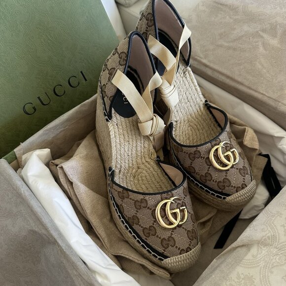 NEW GUCCI Pilar GG Ankle Tie Espadrille Platform Wedge Size 40.5 in Beige/ Brown - Picture 8 of 11